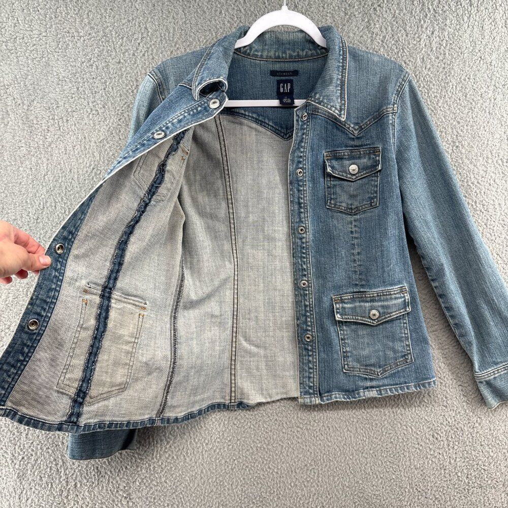 GAP 2003 Stretch Denim Snap Jacket Medium Light Wash Western Utility Y2K - Picture 2 of 14